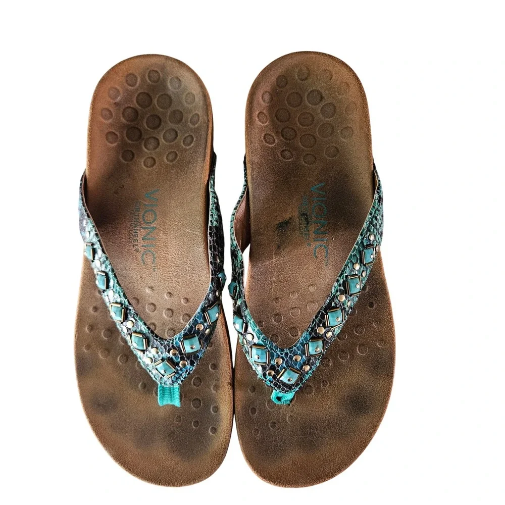 Vionic Floriana Teal Snakeskin Turquoise Studded Orthotic Sandals Womens 8 - Picture 5 of 7